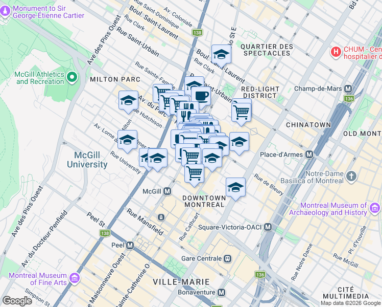 map of restaurants, bars, coffee shops, grocery stores, and more near De Maisonneuve Boulevard in Montreal