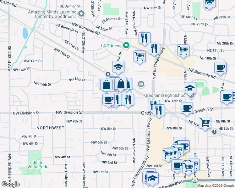 map of restaurants, bars, coffee shops, grocery stores, and more near 773 Northwest 13th Street in Gresham