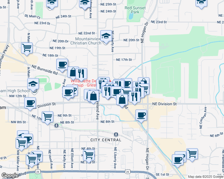 map of restaurants, bars, coffee shops, grocery stores, and more near 1245 Northeast 14th Lane in Gresham