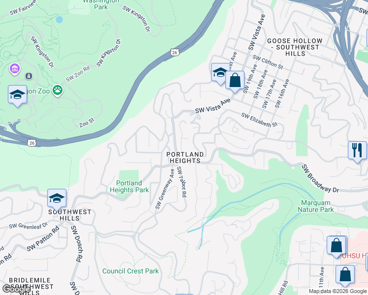 map of restaurants, bars, coffee shops, grocery stores, and more near 2670 Southwest Georgian Place in Portland