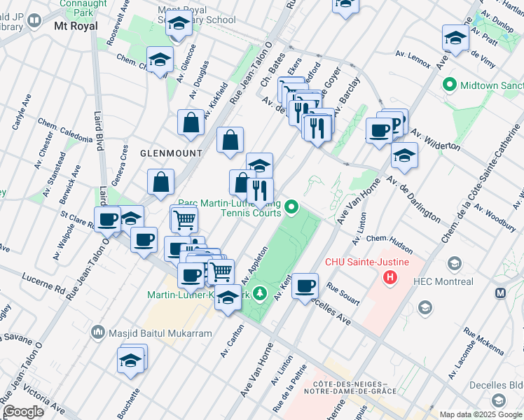 map of restaurants, bars, coffee shops, grocery stores, and more near 3195 Avenue Barclay in Montréal