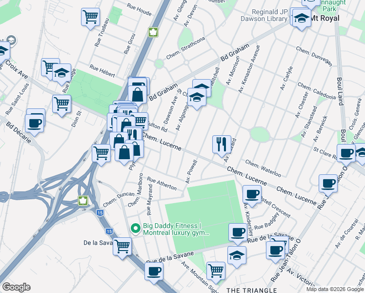 map of restaurants, bars, coffee shops, grocery stores, and more near 655 Avenue Mitchell in Mont-Royal