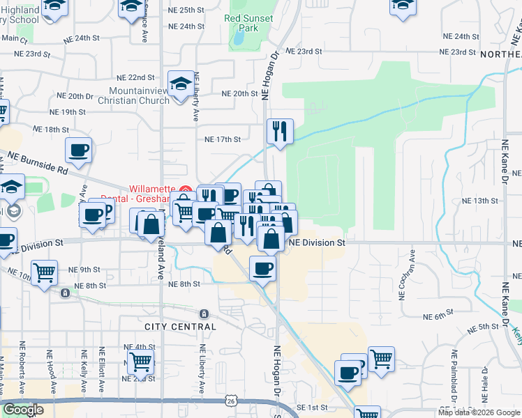 map of restaurants, bars, coffee shops, grocery stores, and more near 1405 Northeast Hogan Place in Gresham