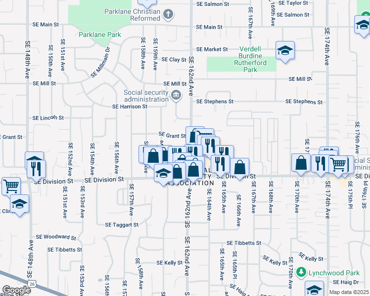 map of restaurants, bars, coffee shops, grocery stores, and more near 16044 Southeast Grant Street in Portland