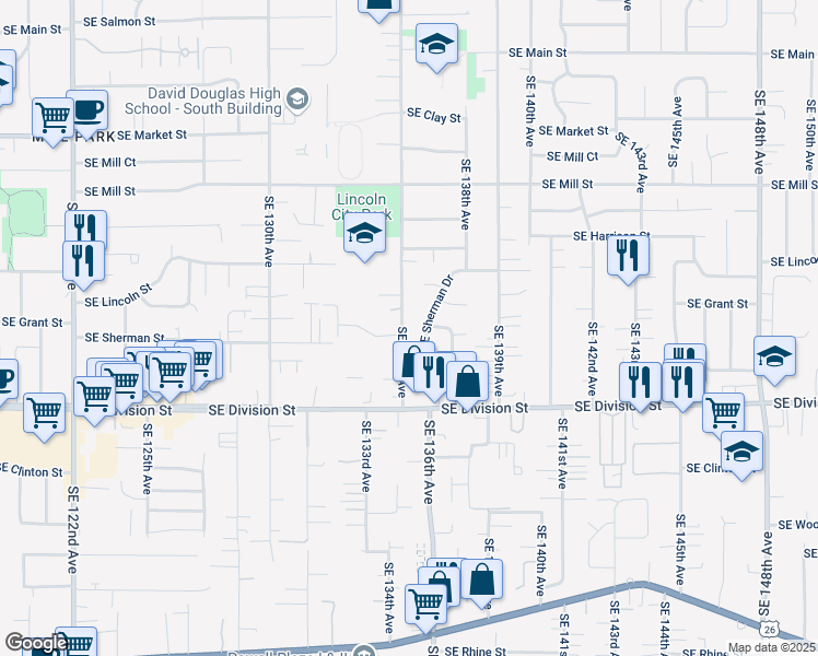 map of restaurants, bars, coffee shops, grocery stores, and more near 2160 Southeast 135th Avenue in Portland