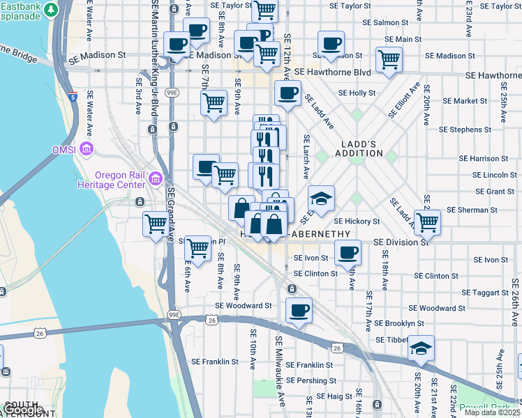 map of restaurants, bars, coffee shops, grocery stores, and more near 2201 Southeast 11th Avenue in Portland