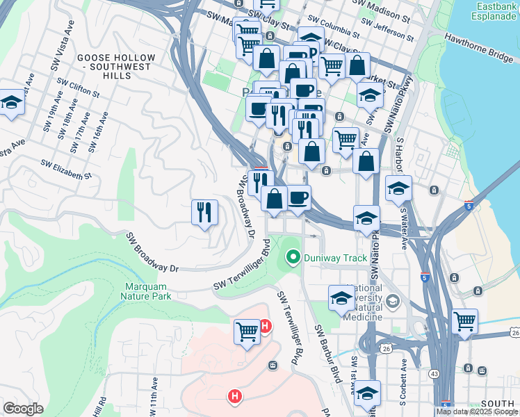 map of restaurants, bars, coffee shops, grocery stores, and more near 623 Southwest Sherman Street in Portland
