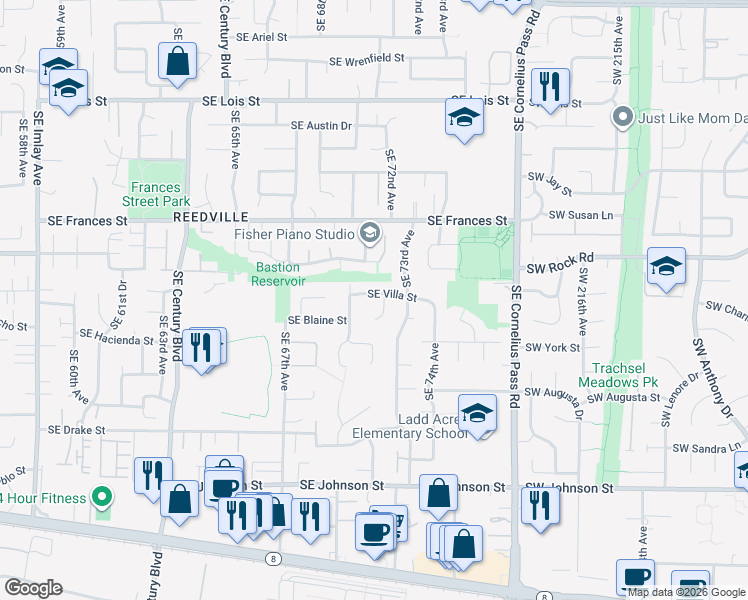 map of restaurants, bars, coffee shops, grocery stores, and more near 7104 Southeast Reedville Creek Drive in Hillsboro
