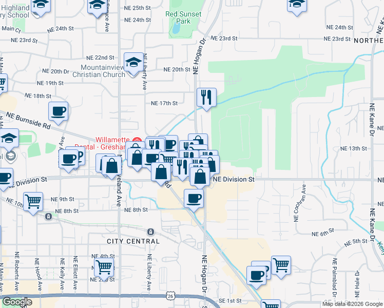 map of restaurants, bars, coffee shops, grocery stores, and more near 1405 Northeast Hogan Place in Gresham