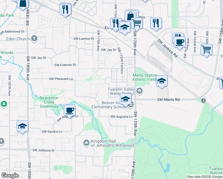 map of restaurants, bars, coffee shops, grocery stores, and more near 17290 Southwest Berkeley Lane in Beaverton