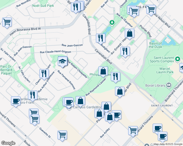 map of restaurants, bars, coffee shops, grocery stores, and more near 3135 Avenue Ernest Hemingway in Montreal