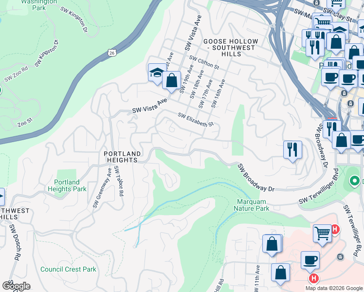 map of restaurants, bars, coffee shops, grocery stores, and more near 1707 Southwest Terrace Drive in Portland