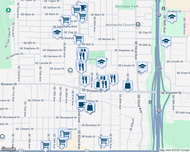 map of restaurants, bars, coffee shops, grocery stores, and more near 2213 Southeast 85th Avenue in Portland