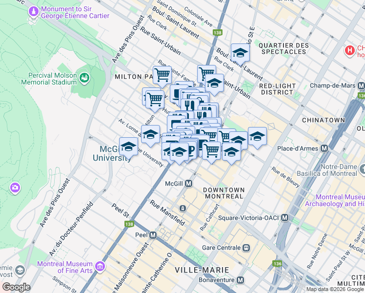 map of restaurants, bars, coffee shops, grocery stores, and more near 500 Rue Sherbrooke Ouest in Montréal
