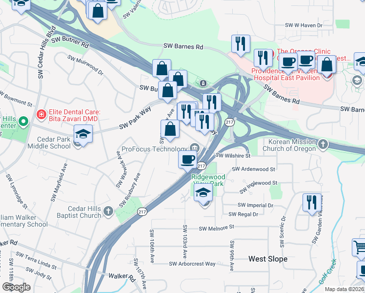 map of restaurants, bars, coffee shops, grocery stores, and more near 10010 SW Wilshire St in Portland