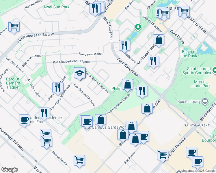 map of restaurants, bars, coffee shops, grocery stores, and more near 3175 Avenue Ernest - Hemingway in Montréal