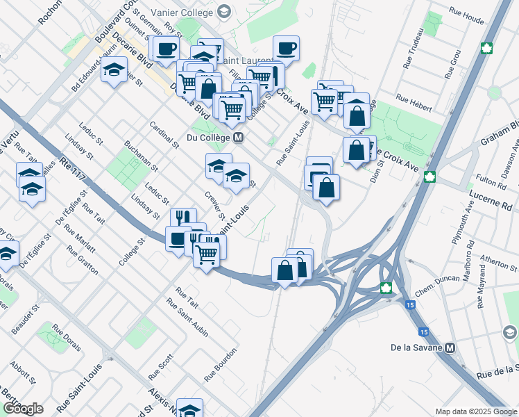map of restaurants, bars, coffee shops, grocery stores, and more near 1600 Rue Saint-Louis in Montréal