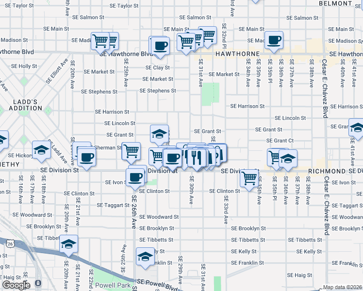 map of restaurants, bars, coffee shops, grocery stores, and more near 2897 Southeast Sherman Street in Portland
