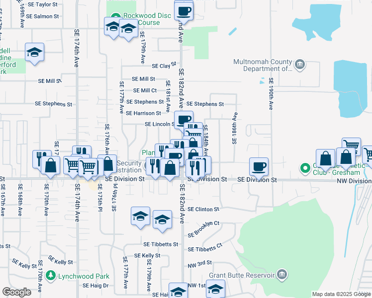 map of restaurants, bars, coffee shops, grocery stores, and more near 2190 Southeast 182nd Avenue in Portland
