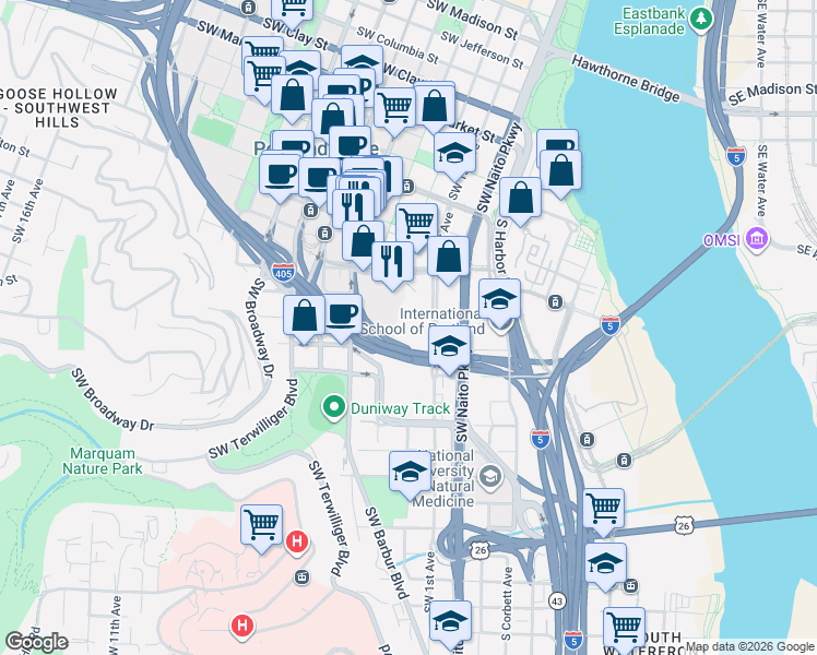 map of restaurants, bars, coffee shops, grocery stores, and more near 1309 Southwest 1st Avenue in Portland