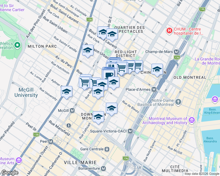 map of restaurants, bars, coffee shops, grocery stores, and more near 1245 Rue de Bleury in Montréal