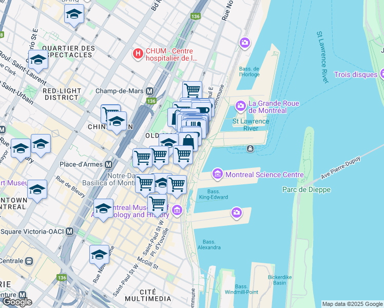 map of restaurants, bars, coffee shops, grocery stores, and more near 97 Rue de la Commune Est in Montréal