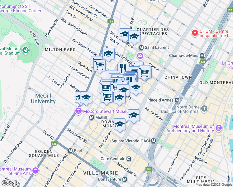 map of restaurants, bars, coffee shops, grocery stores, and more near 366 Rue Mayor in Montréal