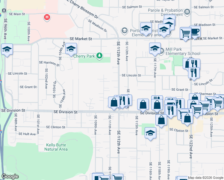 map of restaurants, bars, coffee shops, grocery stores, and more near 11131 Southeast Grant Court in Portland