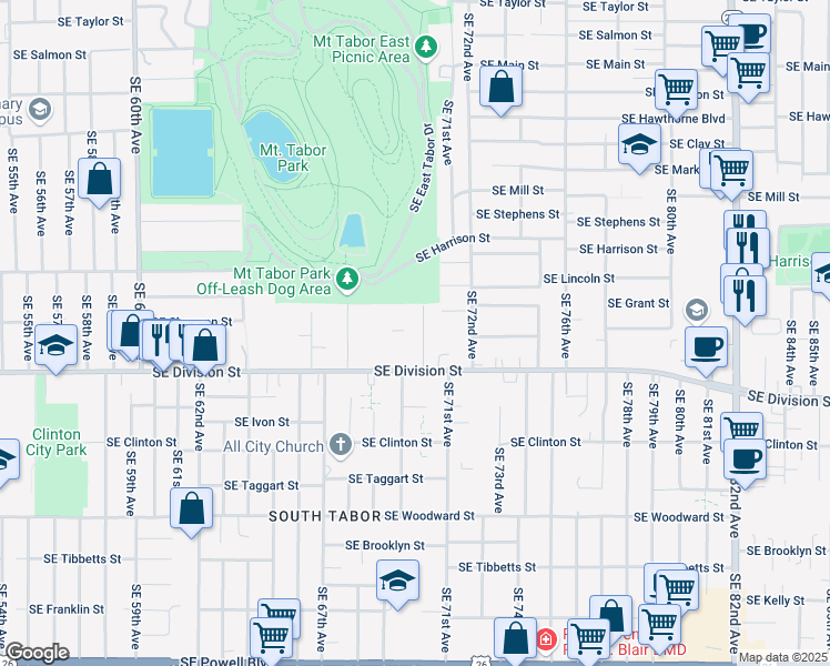 map of restaurants, bars, coffee shops, grocery stores, and more near 2212 Southeast 70th Avenue in Portland