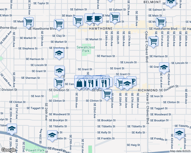map of restaurants, bars, coffee shops, grocery stores, and more near 3284 Southeast Grant Street in Portland