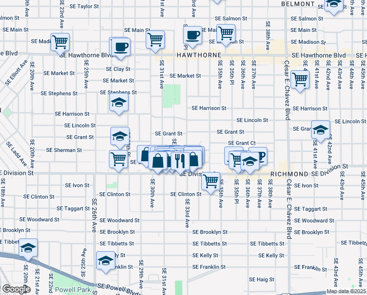 map of restaurants, bars, coffee shops, grocery stores, and more near 2216 Southeast 32nd Avenue in Portland