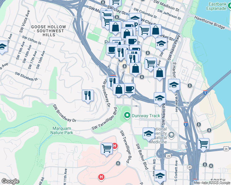 map of restaurants, bars, coffee shops, grocery stores, and more near 623 Southwest Sherman Street in Portland