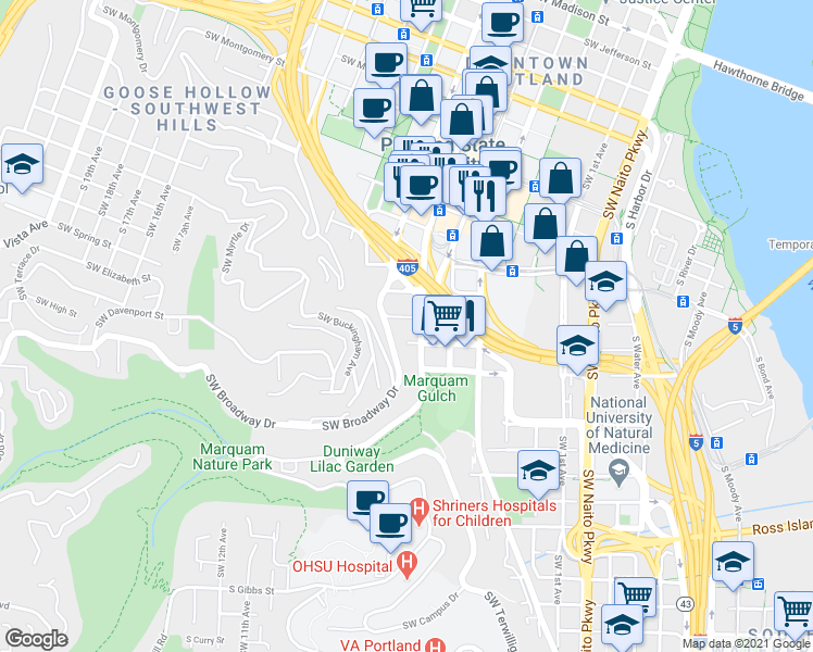 map of restaurants, bars, coffee shops, grocery stores, and more near 623 Southwest Sherman Street in Portland