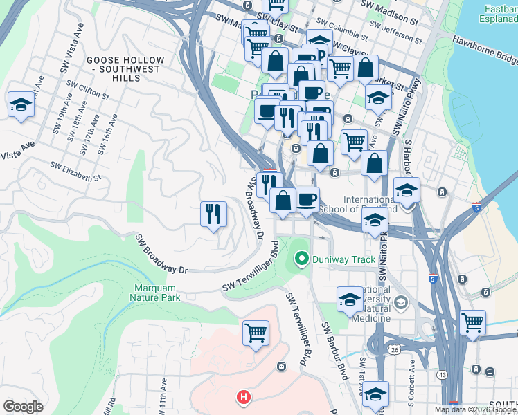 map of restaurants, bars, coffee shops, grocery stores, and more near 623 Southwest Sherman Street in Portland