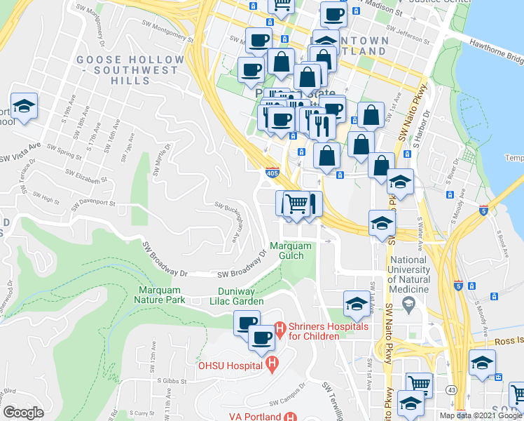 map of restaurants, bars, coffee shops, grocery stores, and more near 623 Southwest Sherman Street in Portland