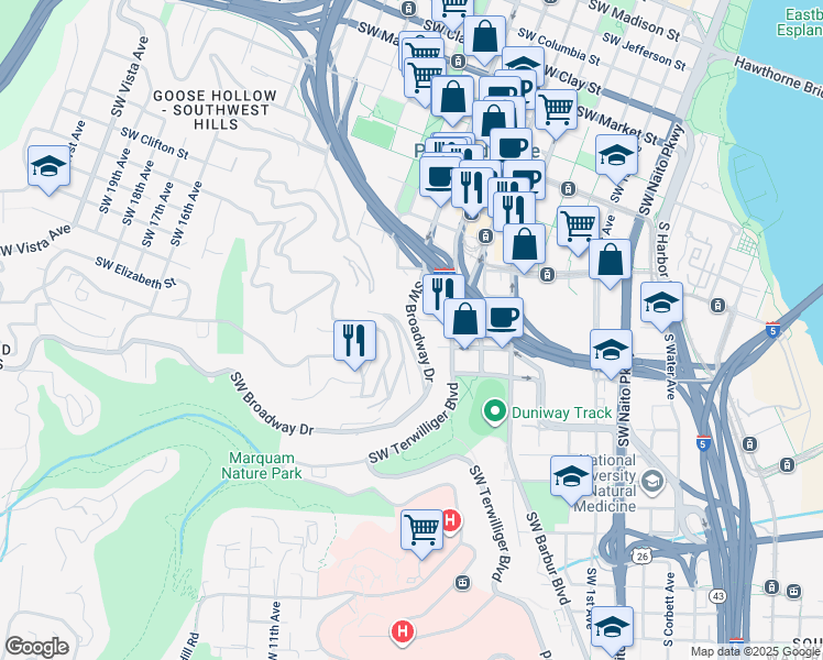 map of restaurants, bars, coffee shops, grocery stores, and more near 2216 Southwest Elevator Saint Walk in Portland