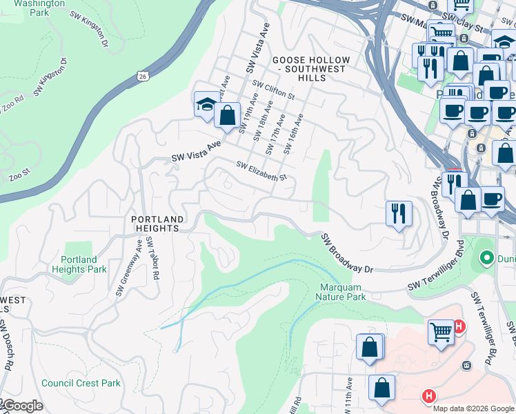 map of restaurants, bars, coffee shops, grocery stores, and more near 1632 Southwest Hawthorne Terrace in Portland