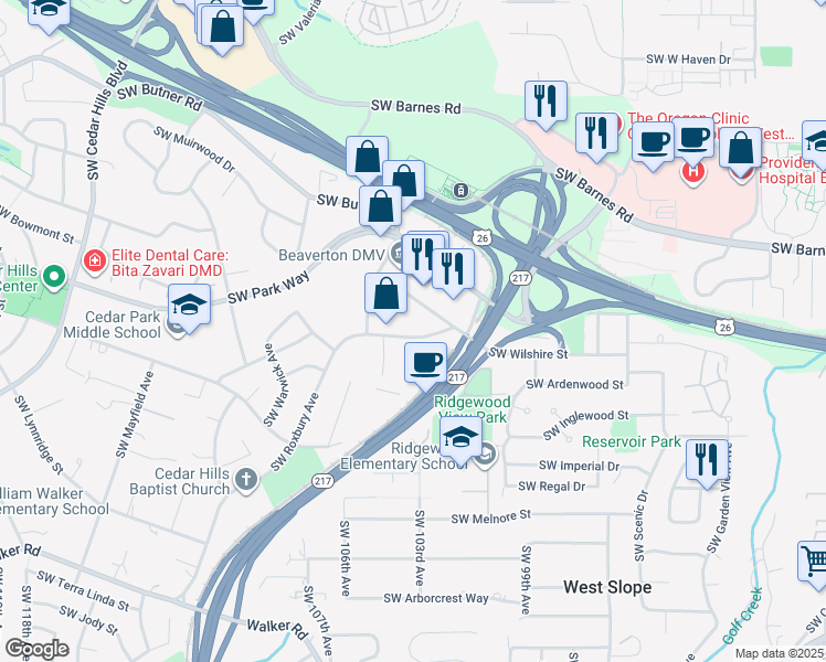 map of restaurants, bars, coffee shops, grocery stores, and more near 10010 SW Wilshire St in Portland