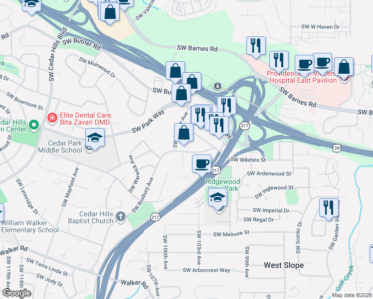 map of restaurants, bars, coffee shops, grocery stores, and more near 1800 Southwest Marlow Avenue in Portland