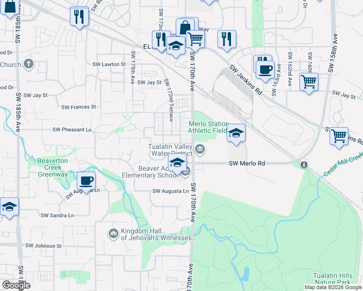 map of restaurants, bars, coffee shops, grocery stores, and more near 1685 Southwest 171st Terrace in Beaverton