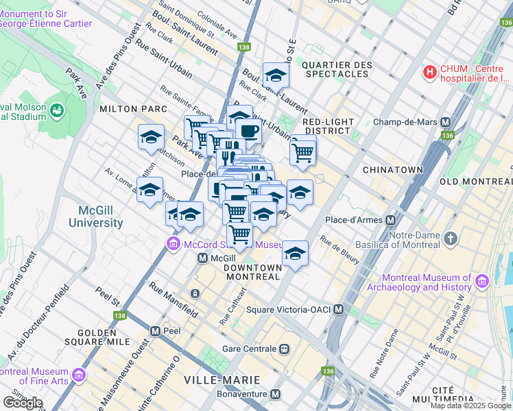 map of restaurants, bars, coffee shops, grocery stores, and more near 366 Rue Mayor in Montréal