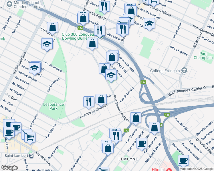 map of restaurants, bars, coffee shops, grocery stores, and more near 300 Rue Saint Georges in Saint-Lambert