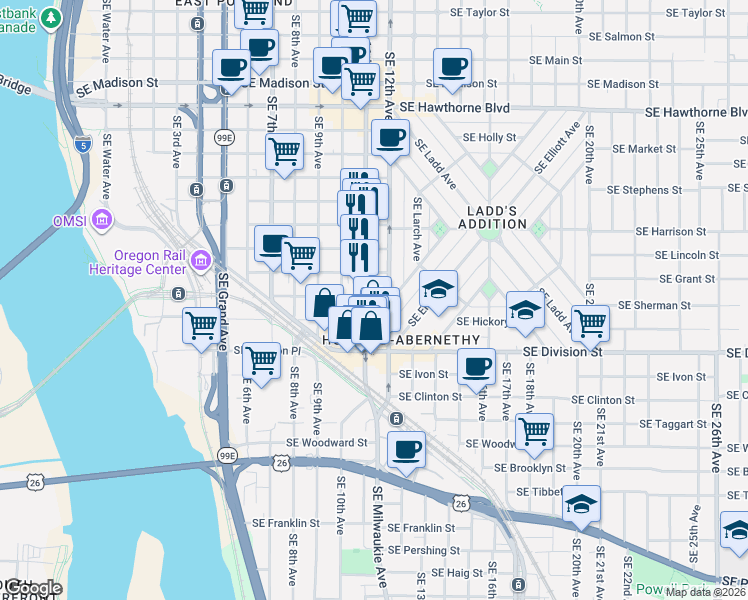 map of restaurants, bars, coffee shops, grocery stores, and more near 1120 Southeast Sherman Street in Portland