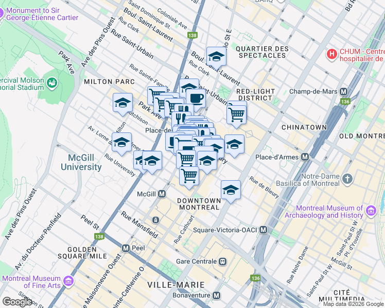 map of restaurants, bars, coffee shops, grocery stores, and more near in Montreal