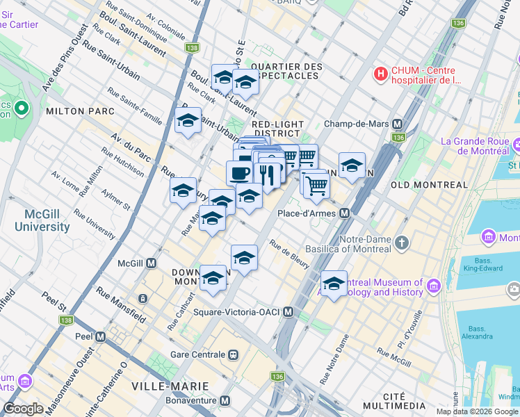 map of restaurants, bars, coffee shops, grocery stores, and more near 1210 Rue Jeanne-Mance in Montréal