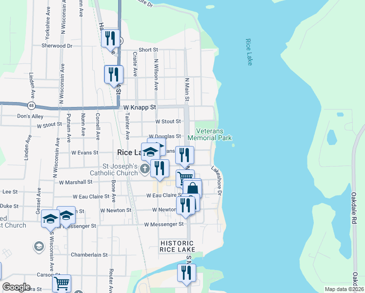 map of restaurants, bars, coffee shops, grocery stores, and more near 538 North Main Street in Rice Lake