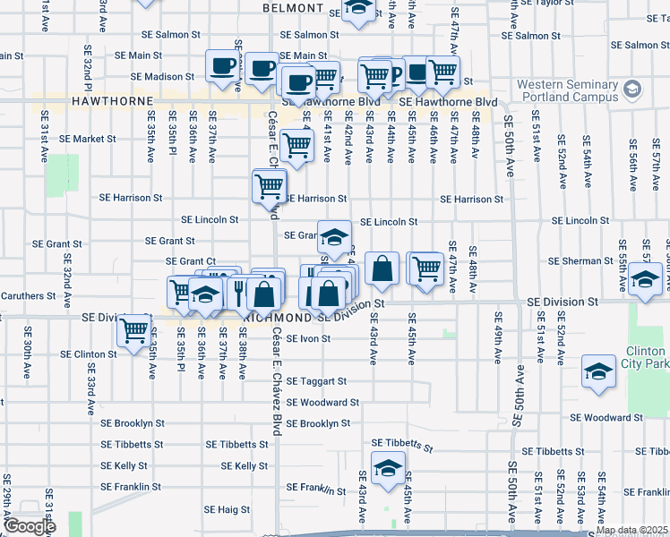 map of restaurants, bars, coffee shops, grocery stores, and more near 2276 Southeast 41st Avenue in Portland