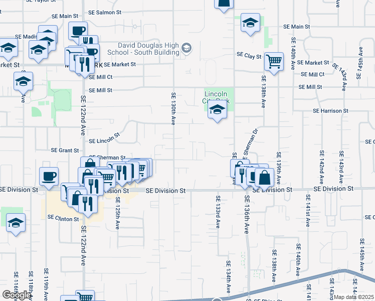 map of restaurants, bars, coffee shops, grocery stores, and more near 2160 Southeast 130th Avenue in Portland
