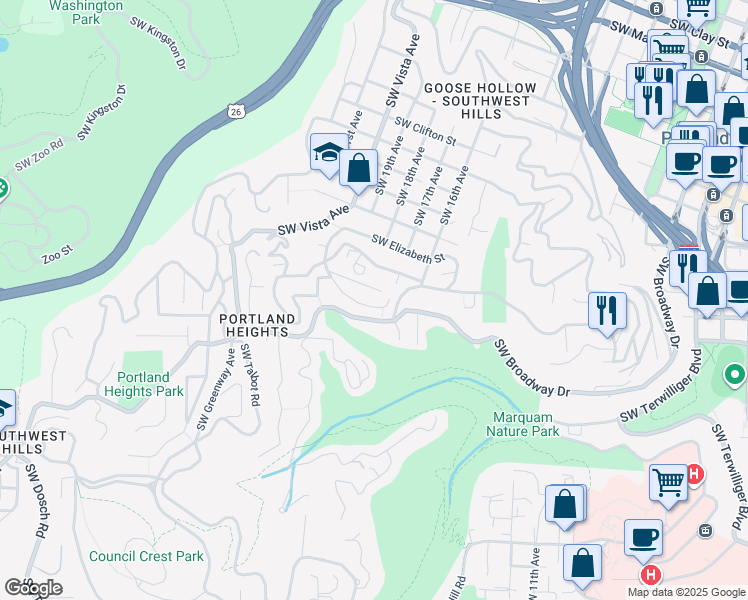 map of restaurants, bars, coffee shops, grocery stores, and more near 1755 Southwest High Street in Portland