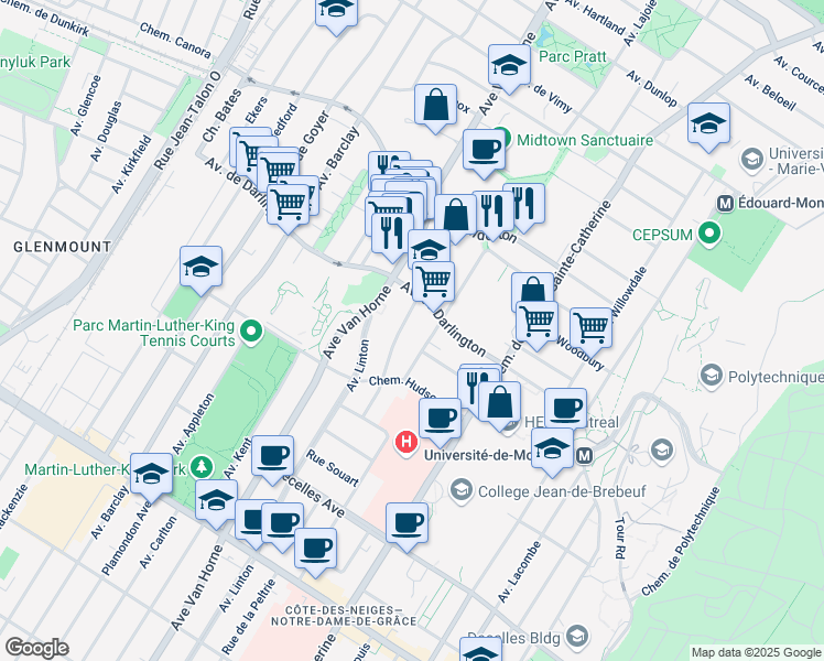 map of restaurants, bars, coffee shops, grocery stores, and more near 2960 Avenue de Brighton in Montréal